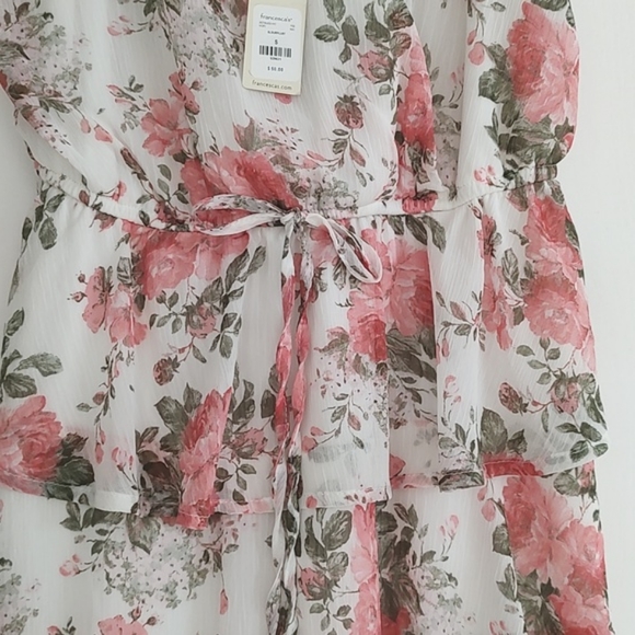 New Francesca's TRIXXI Chiffon Ruffle Floral Print Surplice Dress Peachy Pink S - Picture 5 of 13
